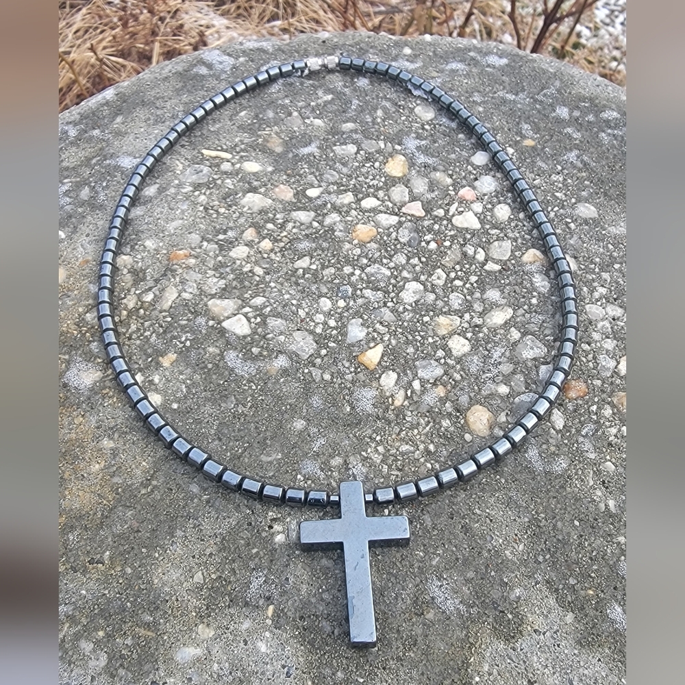 Handcrafted Hematite  Cross Necklace